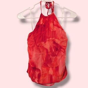 Kookai Coral Red Floral Viscose Open Back Halter Top Resortwear Beach